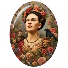 Cabochon en Verre Illustré Frida Kahlo entourée d’Animaux Sauvages 13x18, 18x25 ou 30x40mm pour la Création de Bijoux Fantaisie 