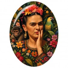 Cabochon en Verre Illustré Frida Kahlo au Singe et Perroquet 13x18, 18x25 ou 30x40mm pour la Création de Bijoux Fantaisie - DIY