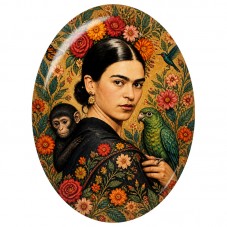 Cabochon en Verre Illustré Frida Kahlo au Singe et Perroquet Vert 13x18, 18x25 ou 30x40mm pour la Création de Bijoux Fantaisie -