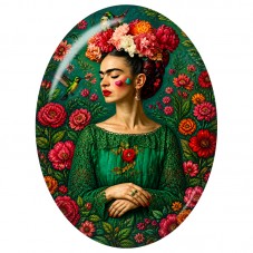 Cabochon en Verre Illustré Frida Kahlo en Robe Verte aux Cœurs 13x18, 18x25 ou 30x40mm pour la Création de Bijoux Fantaisie - DI