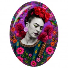 Cabochon en Verre Illustré Frida Kahlo aux Roses sur Fond Violet 13x18, 18x25 ou 30x40mm pour la Création de Bijoux Fantaisie - 