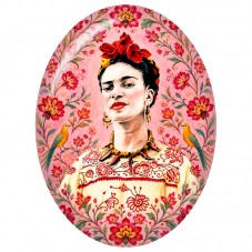 Cabochon en Verre Illustré Frida Kahlo aux Oiseaux sur Fond Rose 13x18, 18x25 ou 30x40mm pour la Création de Bijoux Fantaisie - 
