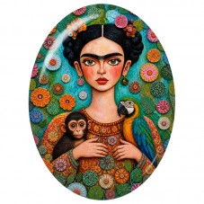 Cabochon en Verre Illustré Frida Kahlo au Singe et Ara Coloré 13x18, 18x25 ou 30x40mm pour la Création de Bijoux Fantaisie - DIY
