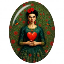 Cabochon en Verre Illustré Frida Kahlo au Cœur Rouge Fêlé 13x18, 18x25 ou 30x40mm pour la Création de Bijoux Fantaisie - DIY