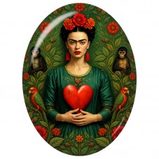 Cabochon en Verre Illustré Frida Kahlo au Cœur Rouge et Singes 13x18, 18x25 ou 30x40mm pour la Création de Bijoux Fantaisie - DI