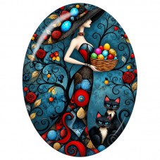 Cabochon en Verre Illustré Femme aux Œufs Colorés avec Deux Chats Noirs 13x18, 18x25 ou 30x40mm pour la Création de Bijoux Fanta