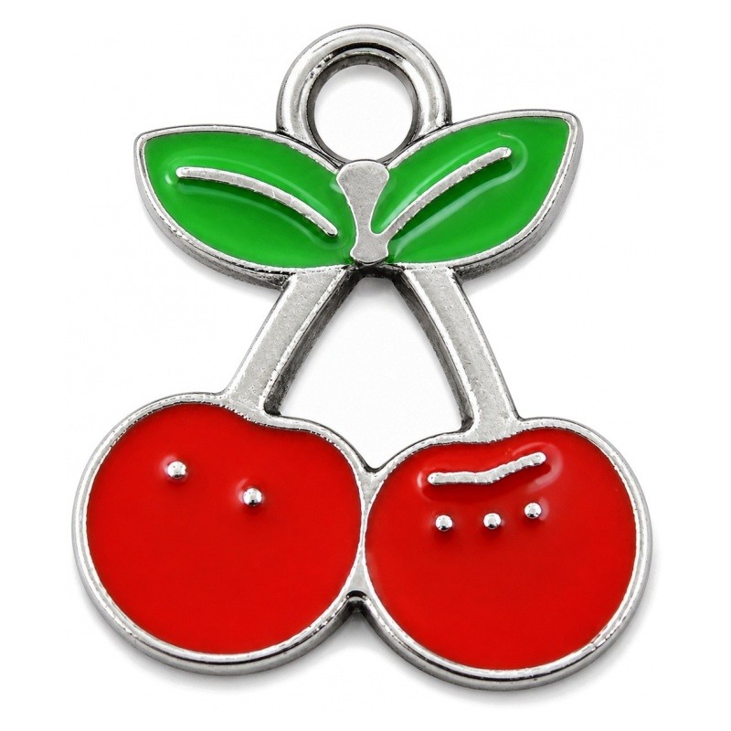 2 Breloques Cerises en Email Argenté 22x16.5mm