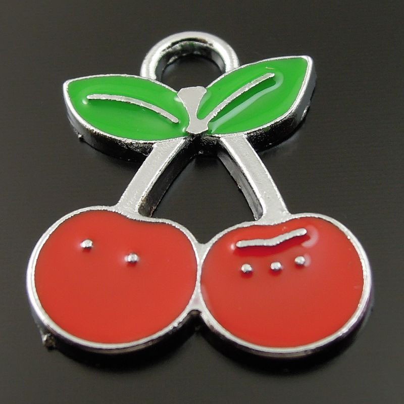 2 Breloques Cerises en Email Argenté 22x16.5mm