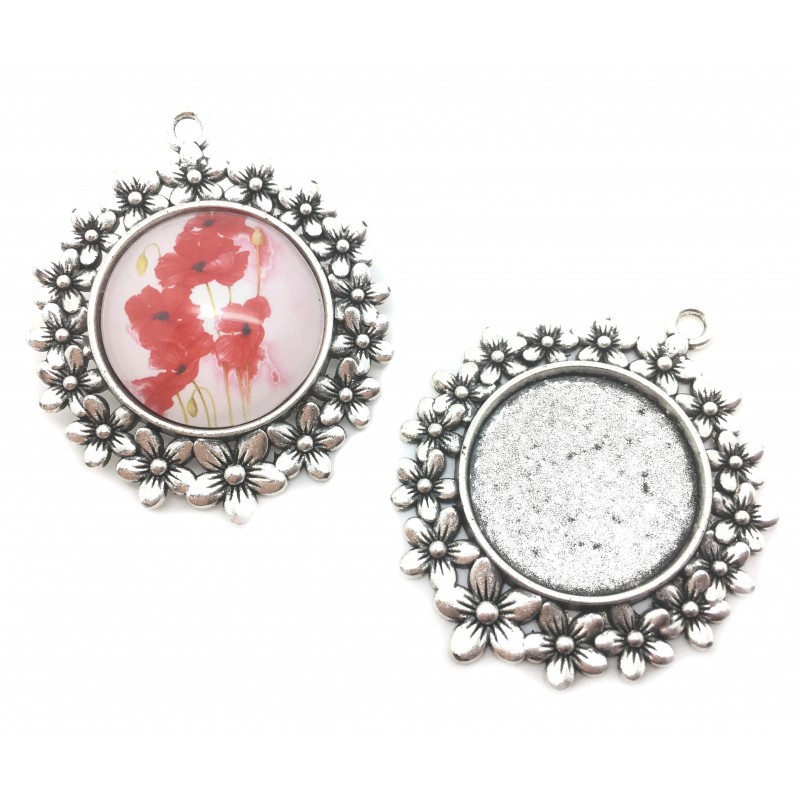 Support Pendentif Fleurs Argenté pour Cabochon 25mm