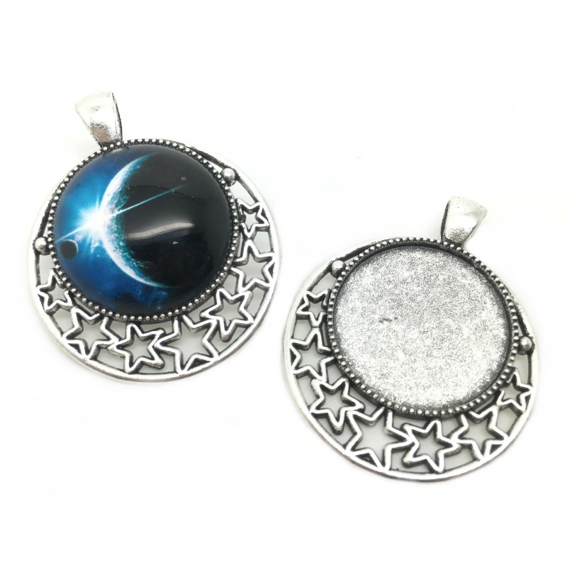 Support Pendentif Lune et Étoiles Argenté pour Cabochon 25mm