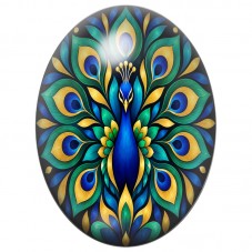 Cabochon en Verre Illustré Mandala Paon Bleu à la Roue Verte et Or 13x18, 18x25 ou 30x40mm pour la Création de Bijoux Fantaisie 