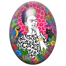 Cabochon en Verre Illustré Frida Kahlo Pop Art au Chat Noir 13x18, 18x25 ou 30x40mm pour la Création de Bijoux Fantaisie - DIY