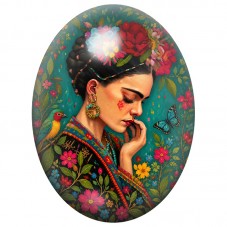Cabochon en Verre Illustré Frida Kahlo au Perroquet et Papillon Bleu 13x18, 18x25 ou 30x40mm pour la Création de Bijoux Fantaisi