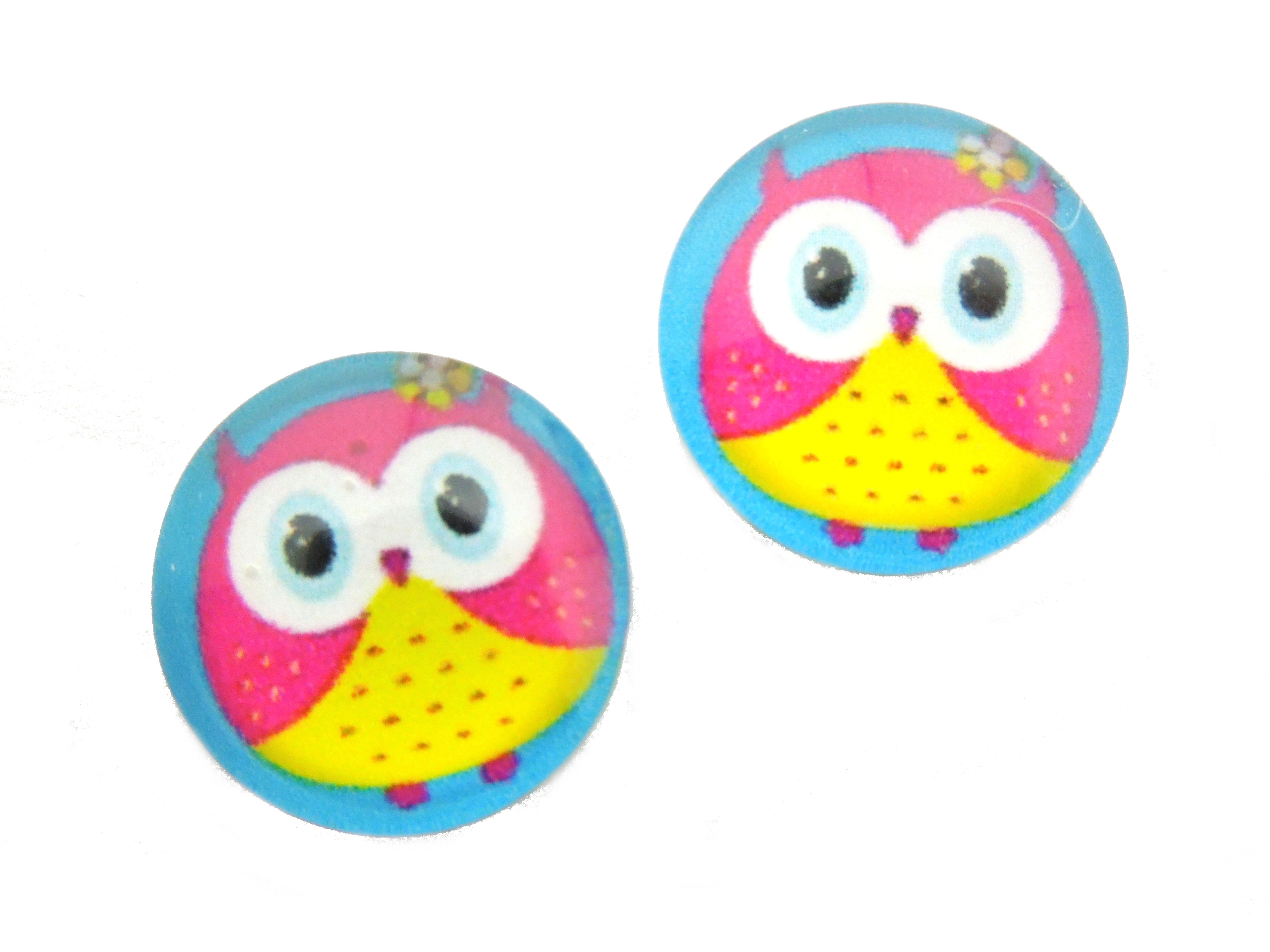 2 Cabochons en Verre Illustrés Hibou 12mm