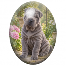 Cabochon en Verre Illustré Chiot Shar-Peï Gris au Jardin 13x18, 18x25 ou 30x40mm pour la Création de Bijoux Fantaisie - DIY