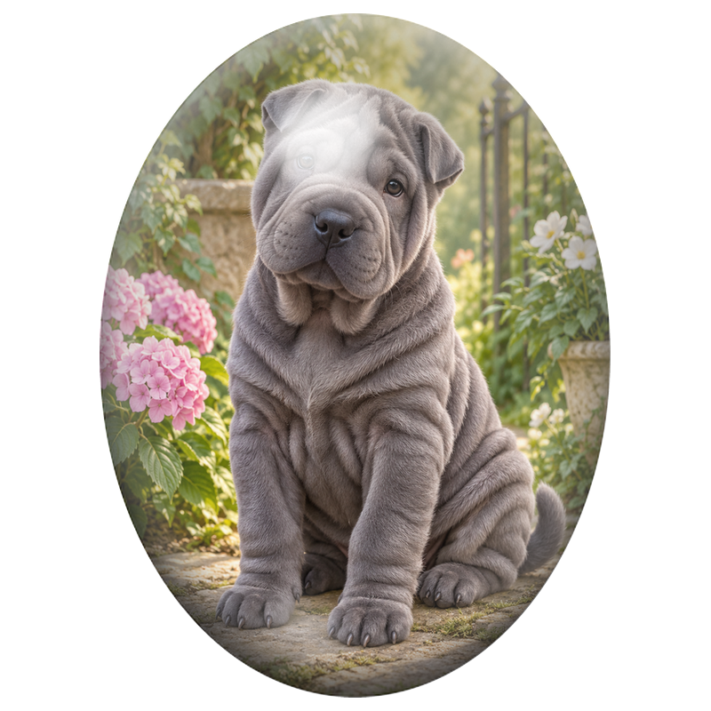 Cabochon en Verre Illustré Chiot Shar-Peï Gris au Jardin 13x18, 18x25 ou 30x40mm