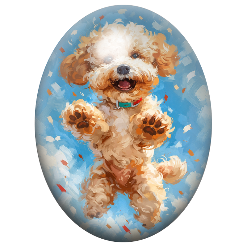 Cabochon en Verre Illustré Caniche Joyeux sur Fond Bleu 13x18, 18x25 ou 30x40mm