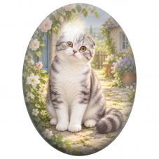 Cabochon en Verre Illustré Chat Scottish Fold dans un Jardin Fleuri 13x18, 18x25 ou 30x40mm pour la Création de Bijoux Fantaisie