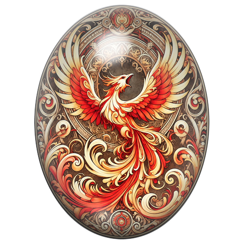 Cabochon en Verre Illustré Phénix Rouge aux Arabesques Dorées 13x18, 18x25 ou 30x40mm