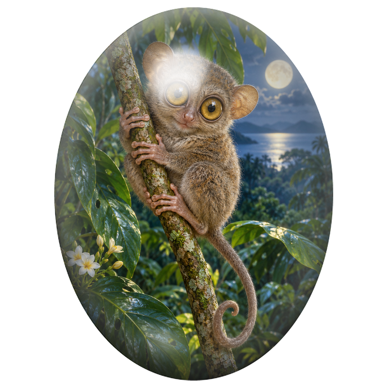 Cabochon en Verre Illustré Tarsier sous la Pleine Lune 13x18, 18x25 ou 30x40mm