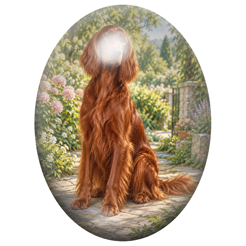 Cabochon en Verre Illustré Setter Irlandais au Jardin 13x18, 18x25 ou 30x40mm