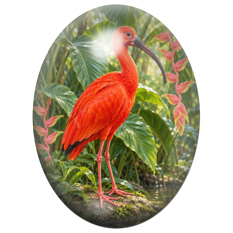 Cabochon en Verre Illustré Ibis Rouge dans la Forêt Tropicale 13x18, 18x25 ou 30x40mm