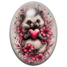 Cabochon en Verre Illustré Hérisson au Cœur Rose et aux Fleurs 13x18, 18x25 ou 30x40mm pour la Création de Bijoux Fantaisie - DI