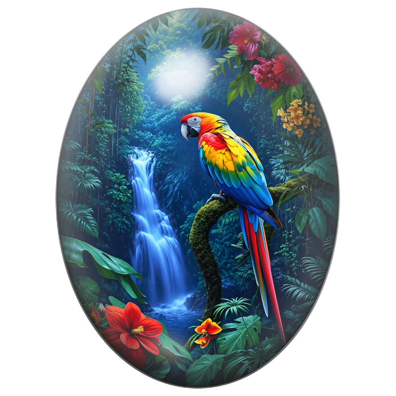 Cabochon en Verre Illustré Ara Multicolore devant la Cascade 13x18, 18x25 ou 30x40mm