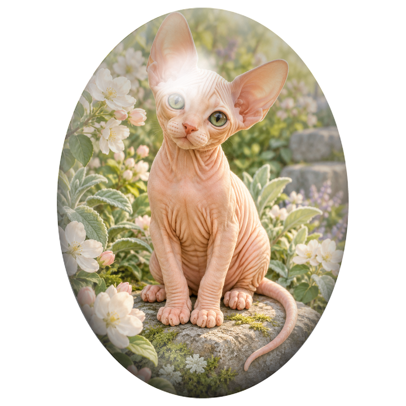 Cabochon en Verre Illustré Chat Sphynx parmi les Fleurs 13x18, 18x25 ou 30x40mm