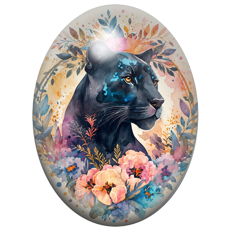 Cabochon en Verre Illustré Panthère Noire aux Fleurs Aquarelle 13x18, 18x25 ou 30x40mm