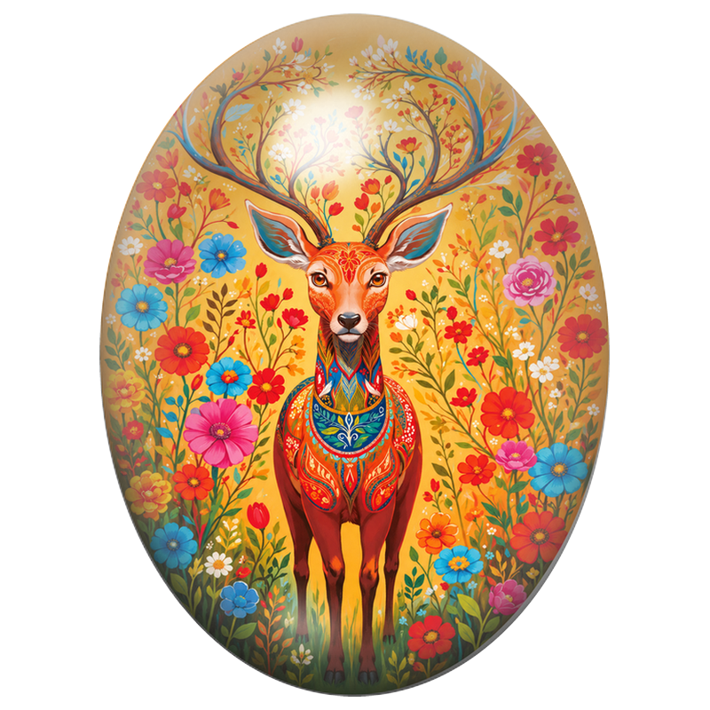 Cabochon en Verre Illustré Cerf Bohème dans un Jardin Fleuri 13x18, 18x25 ou 30x40mm