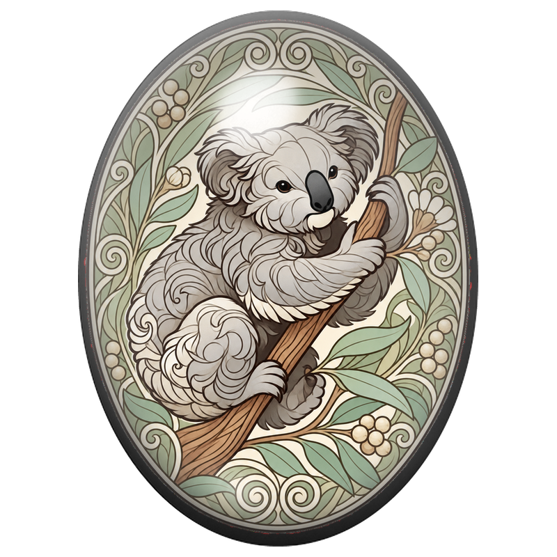 Cabochon en Verre Illustré Koala aux Arabesques Végétales 13x18, 18x25 ou 30x40mm