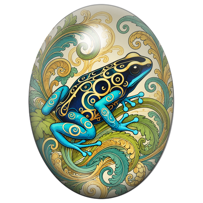 Cabochon en Verre Illustré Grenouille Turquoise aux Ornements Dorés 13x18, 18x25 ou 30x40mm