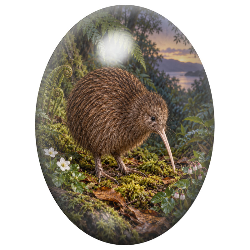 Cabochon en Verre Illustré Kiwi dans la Forêt de Fougères 13x18, 18x25 ou 30x40mm