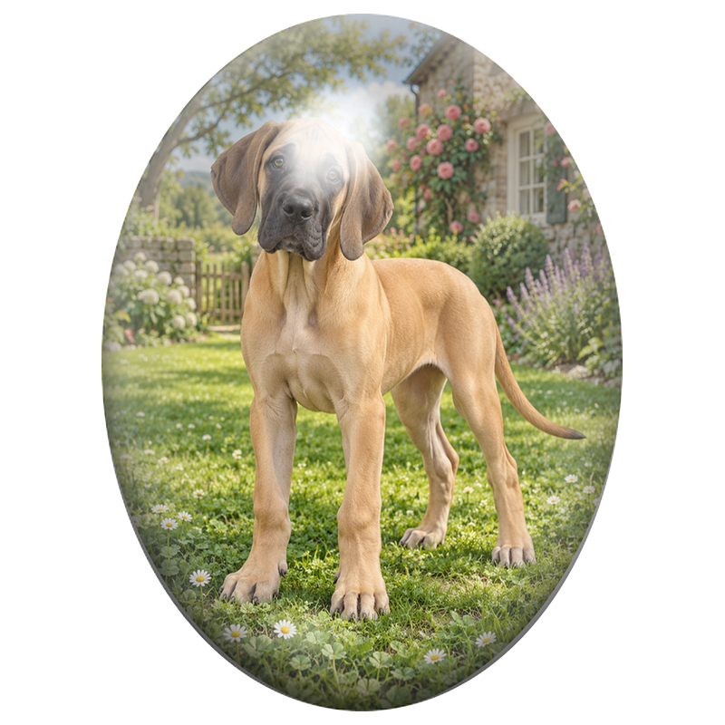 Cabochon en Verre Illustré Chiot Dogue Allemand au Jardin 13x18, 18x25 ou 30x40mm