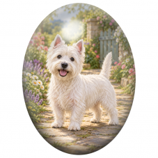 Cabochon en Verre Illustré Westie dans un Jardin Fleuri 13x18, 18x25 ou 30x40mm pour la Création de Bijoux Fantaisie - DIY