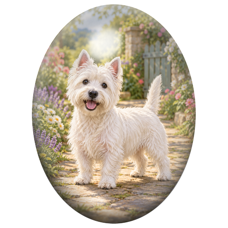 Cabochon en Verre Illustré Westie dans un Jardin Fleuri 13x18, 18x25 ou 30x40mm