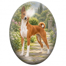 Cabochon en Verre Illustré Basenji dans un Jardin Fleuri 13x18, 18x25 ou 30x40mm pour la Création de Bijoux Fantaisie - DIY