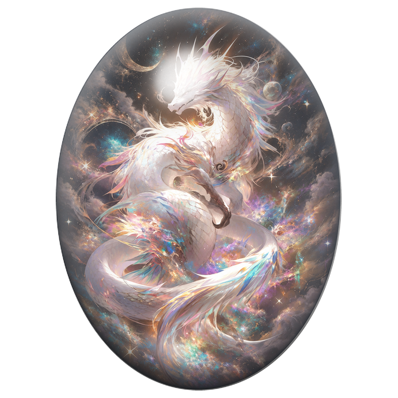 Cabochon en Verre Illustré Dragon Blanc dans la Galaxie 13x18, 18x25 ou 30x40mm