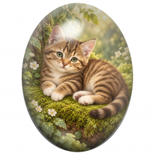 Cabochon en Verre Illustré Chaton Tigré sur un Tapis de Mousse 13x18, 18x25 ou 30x40mm pour la Création de Bijoux Fantaisie - DI