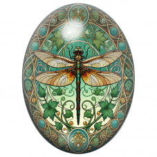 Cabochon en Verre Illustré Libellule Art Nouveau Verte et Or 13x18, 18x25 ou 30x40mm pour la Création de Bijoux Fantaisie - DIY