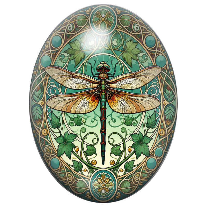 Cabochon en Verre Illustré Libellule Art Nouveau Verte et Or 13x18, 18x25 ou 30x40mm