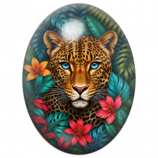 Cabochon en Verre Illustré Léopard aux Yeux Bleus parmi les Fleurs 13x18, 18x25 ou 30x40mm pour la Création de Bijoux Fantaisie 