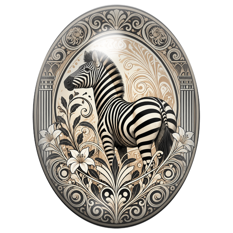 Cabochon en Verre Illustré Zèbre aux Ornements Noirs et Ivoire 13x18, 18x25 ou 30x40mm