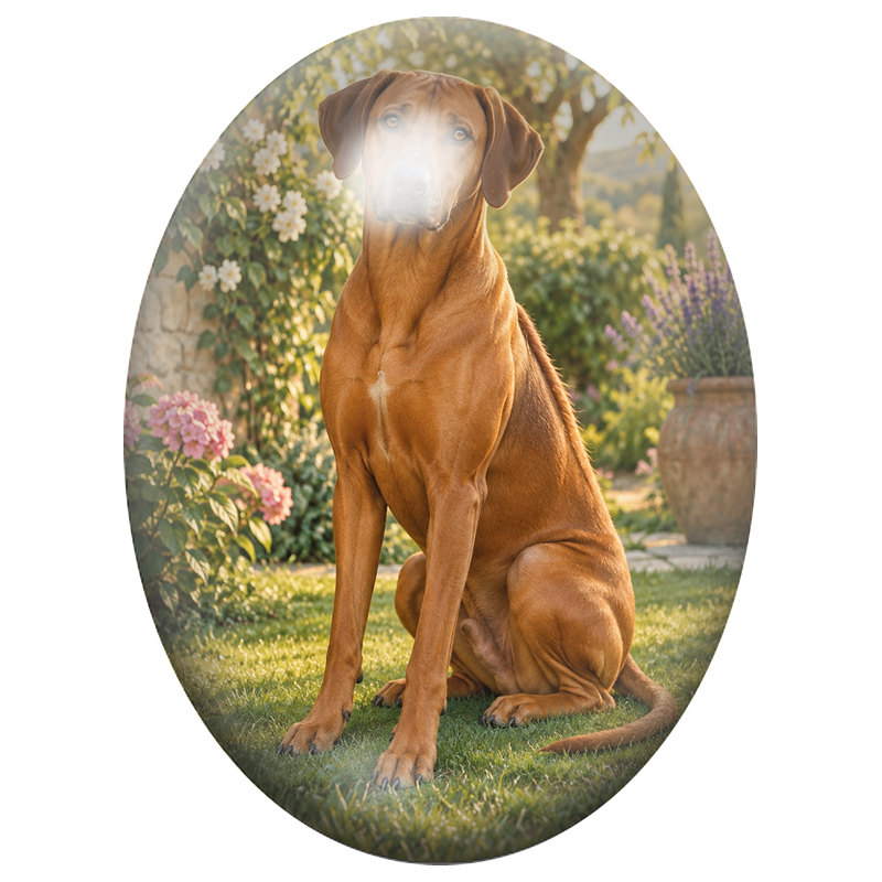 Cabochon en Verre Illustré Rhodesian Ridgeback au Jardin 13x18, 18x25 ou 30x40mm