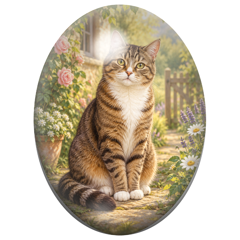 Cabochon en Verre Illustré Chat Tigré parmi les Roses et Marguerites 13x18, 18x25 ou 30x40mm