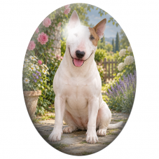 Cabochon en Verre Illustré Bull Terrier Blanc au Jardin 13x18, 18x25 ou 30x40mm pour la Création de Bijoux Fantaisie - DIY