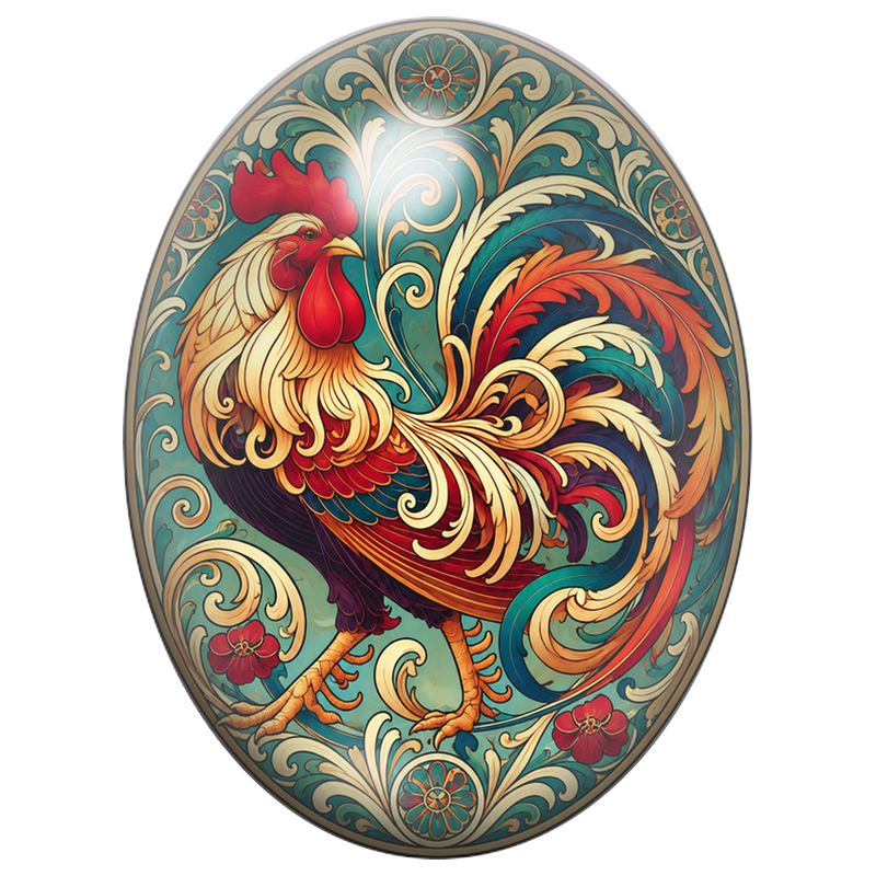 Cabochon en Verre Illustré Coq aux Arabesques Turquoise et Or 13x18, 18x25 ou 30x40mm