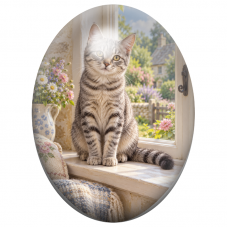 Cabochon en Verre Illustré Chat Tigré sur le Rebord d’une Fenêtre 13x18, 18x25 ou 30x40mm pour la Création de Bijoux Fantaisie -