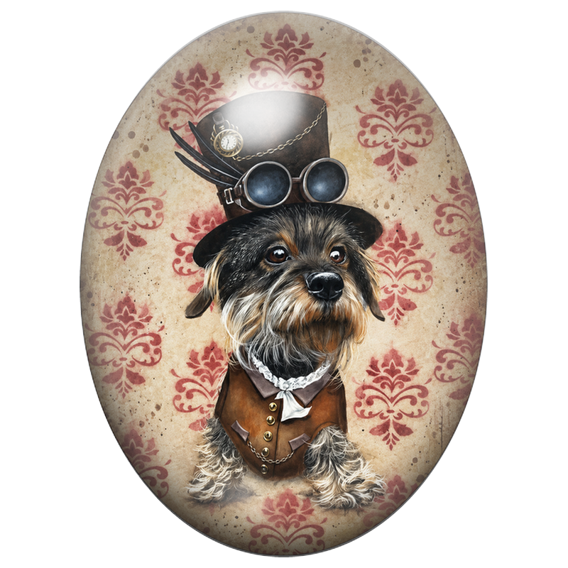 Cabochon en Verre Illustré Teckel Steampunk au Haut-de-Forme 13x18, 18x25 ou 30x40mm